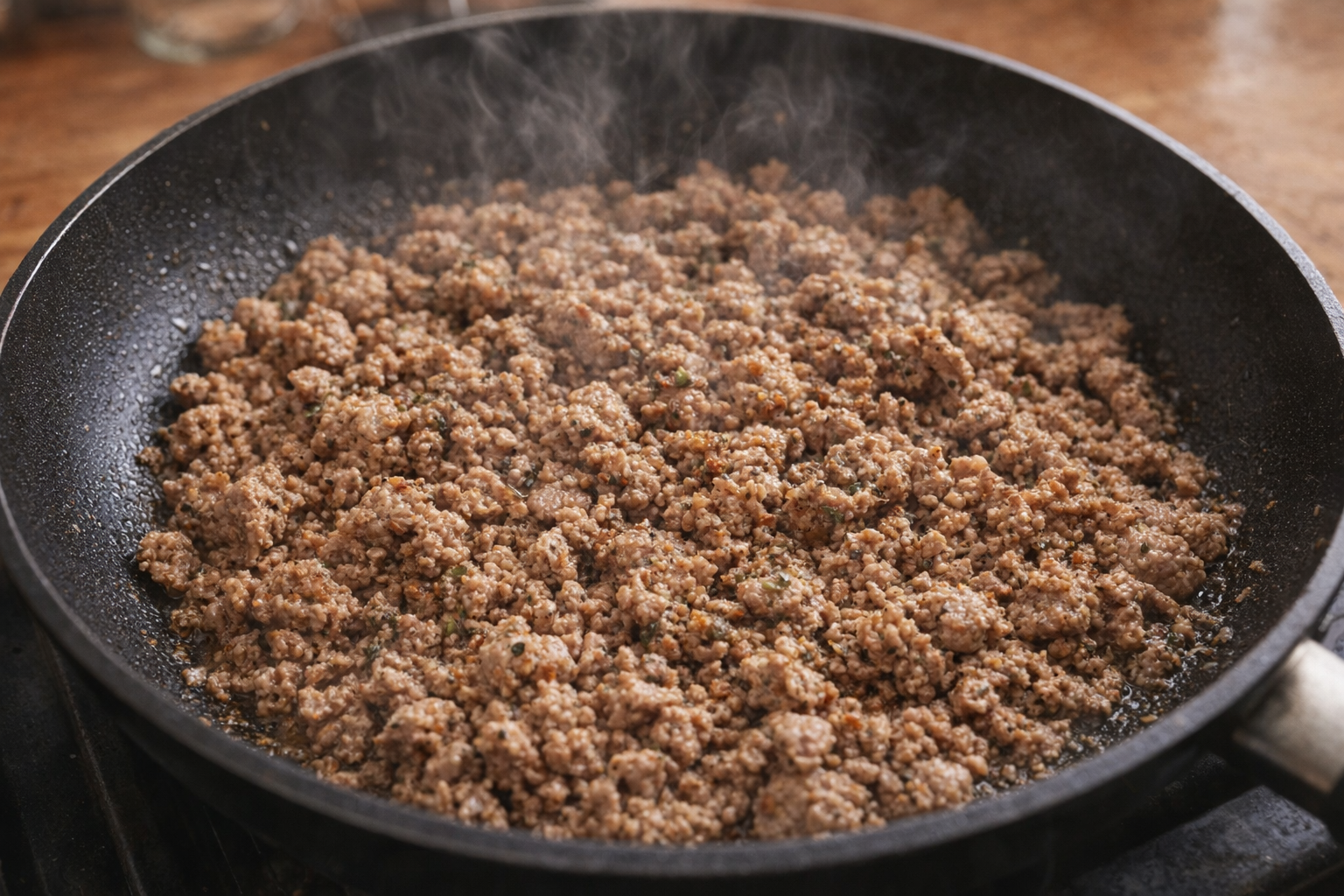 A close-up, top-down shot of browned ground turkey in a non-stick skillet, seasoned with herbs and spices, slight steam rising, warm kitchen lighting